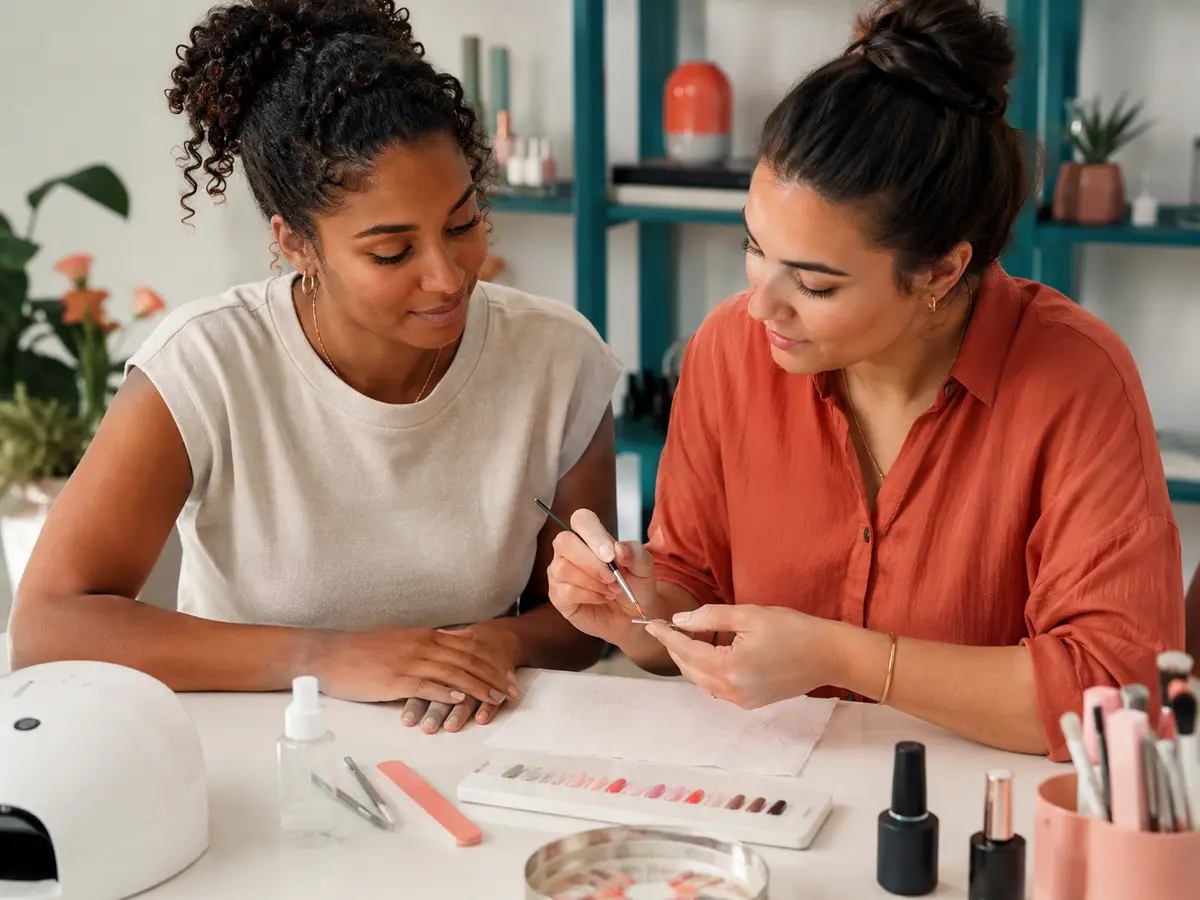 Nail expert demonstrating preparation and gel application to an adult learner
