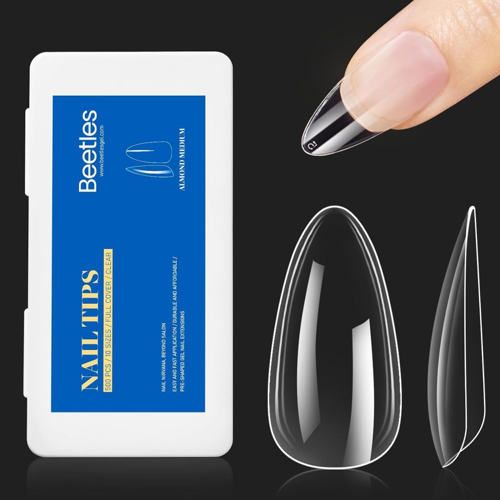 Beetles Gel Nail Tips Almond Medium Shape Christmas Nails, 500Pcs Pre Shaped Soft Nail Tips Clear Full Cover False Nails for Gel Nail Polish Soak Off Easy Nail Extensions Acrylic Press on Fake Nails